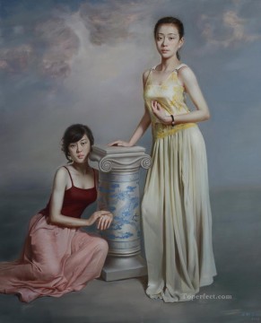 Chinese Girls Painting - blue and white 3 Chinese girl